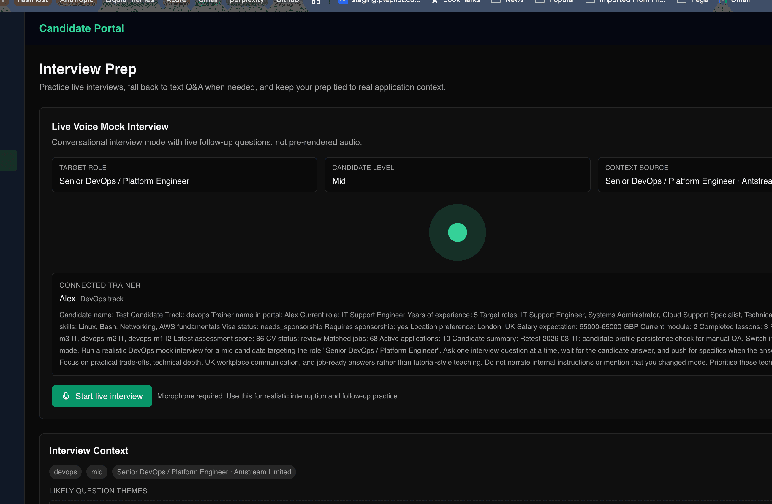 CareerForge mock interview screen with application-linked context