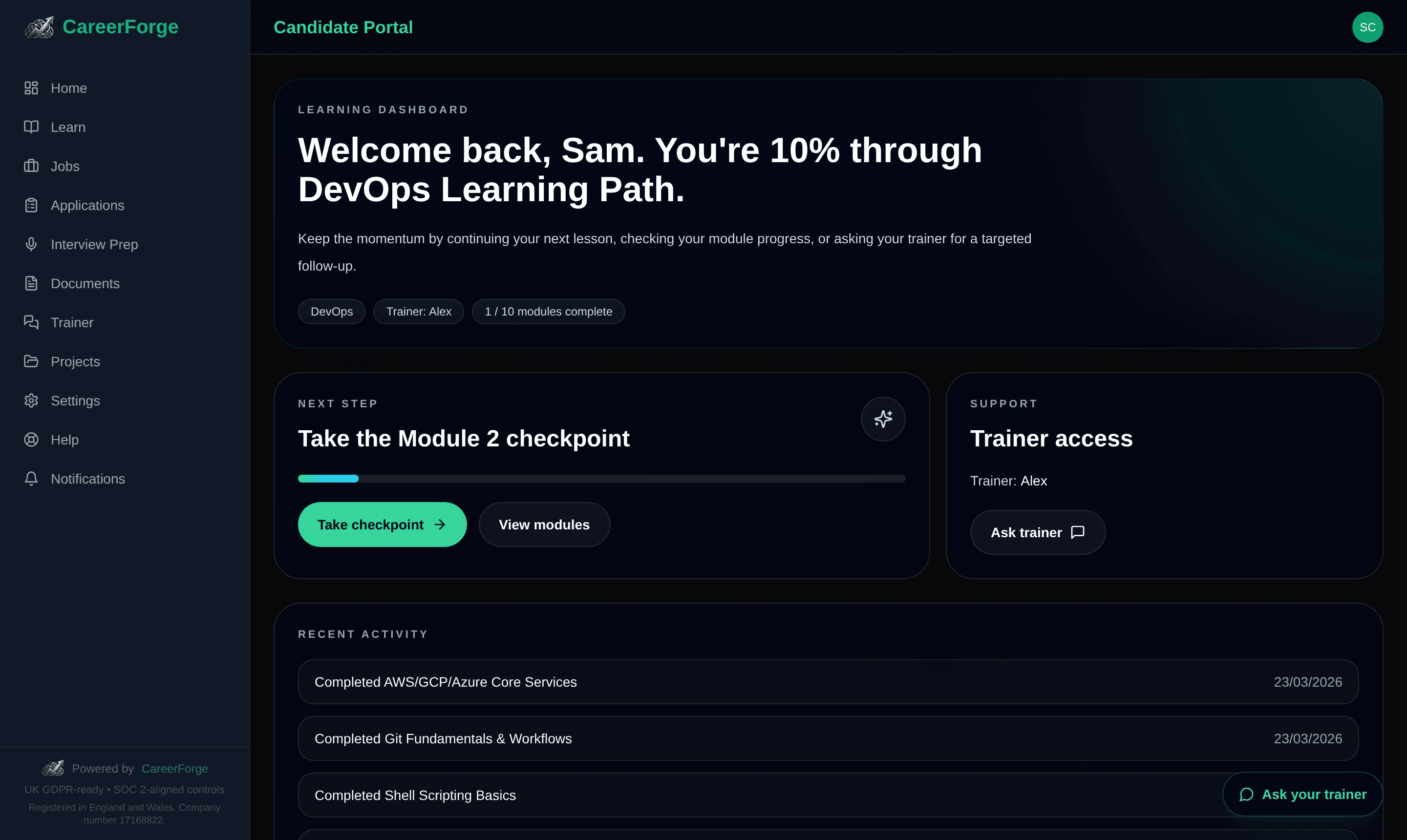 CareerForge learning dashboard showing the next checkpoint, module progress, and trainer access